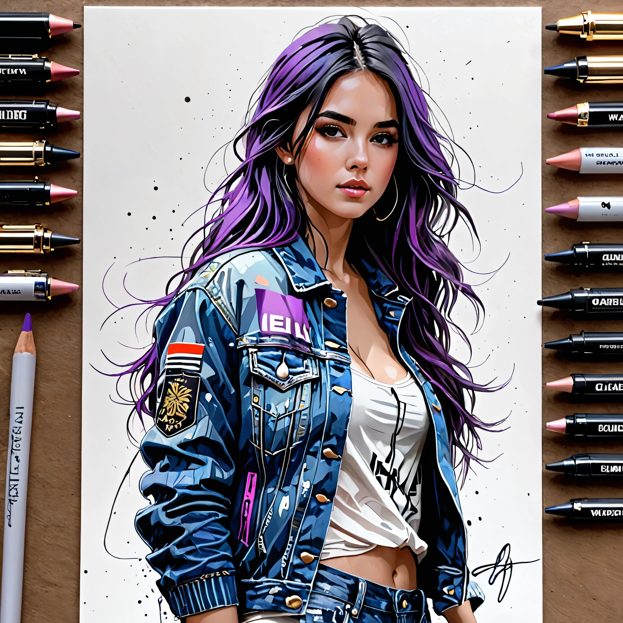 (masterpiece, 16k, ultra high res, detailed sketch, ultra realistic), 1 girl, french girl (full body view, showing entire head and feet, proportional body), 20 years old, long hair, purple mix black hair, wearing a denim jacket (detailed jacket), detailed face with proportional eyes and blush, full body sketch style, art by Carne Griffiths and Wadim Kashin, concept art, cinematic, epic, trending on artstation, full body from head to toe in frame