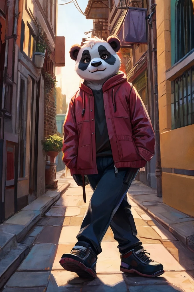 a panda bear walking through the streets turning a corner  