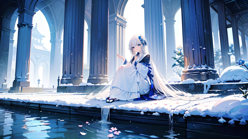 ((best quality,masterpiece,Extremely complex and exquisite details,There is only one sweet and beautiful girl with long white straight hair and blue eyes,Smile,long skirt)),(Exquisite light blue and white Japanese clothing,Beautiful bright and exquisite snow white ancient style high transparent architectural background),(correct anatomy,exquisite face),(touch flowers,Snow,Falling Flowers,Majestic and elegant outdoors),((Long-distance full body picture of a single person,Sitting by the lake)),sweet atmosphere