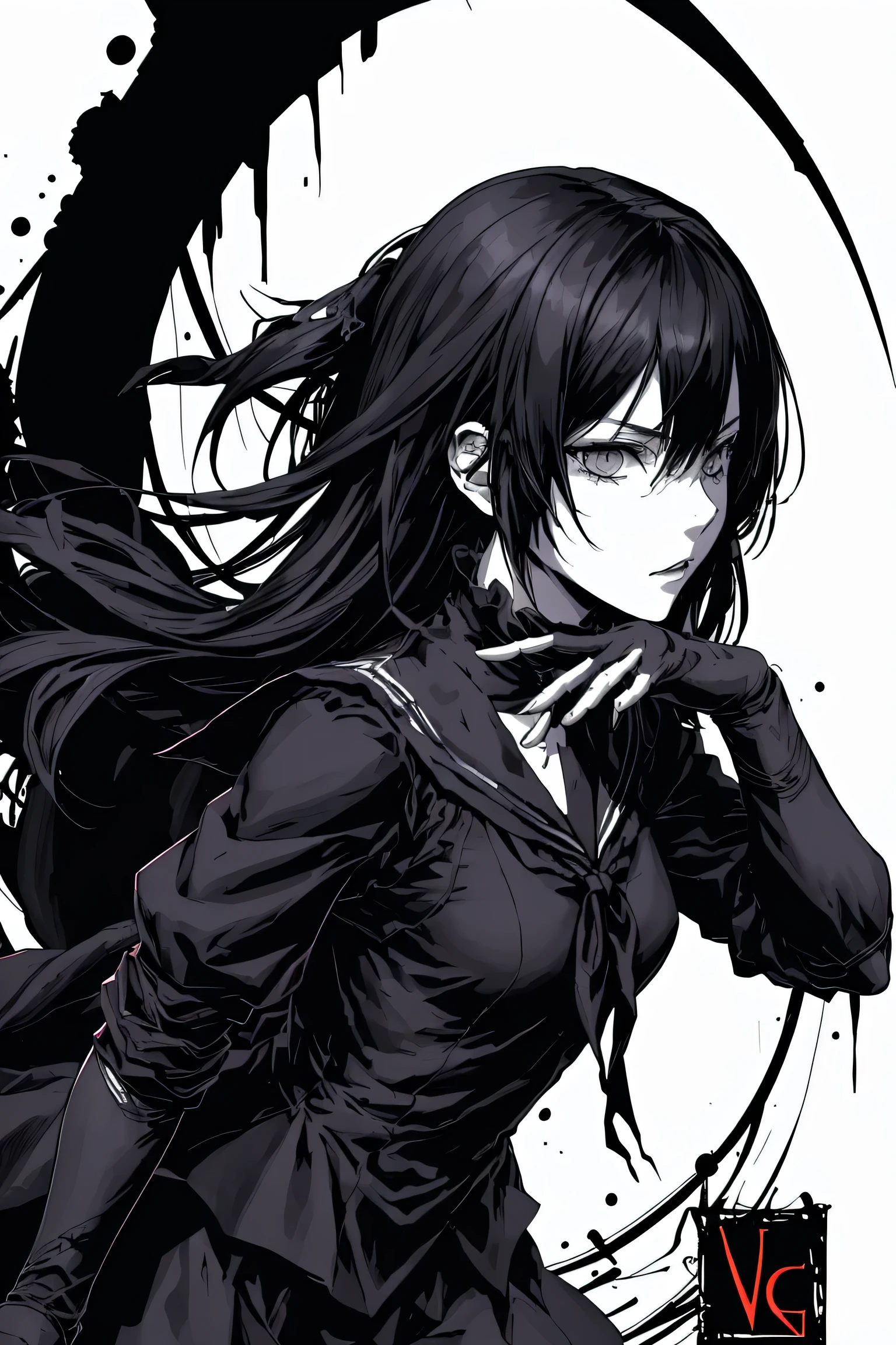 v5lcn style,ink art,(Best Quality,masutepiece:1.2),(black and white comic core:1.1),(extreme high contrast),Dark ink,1girl in,A dark-haired,Shadow on face、8K,resolution,High School Girl,Sailor Uniform,