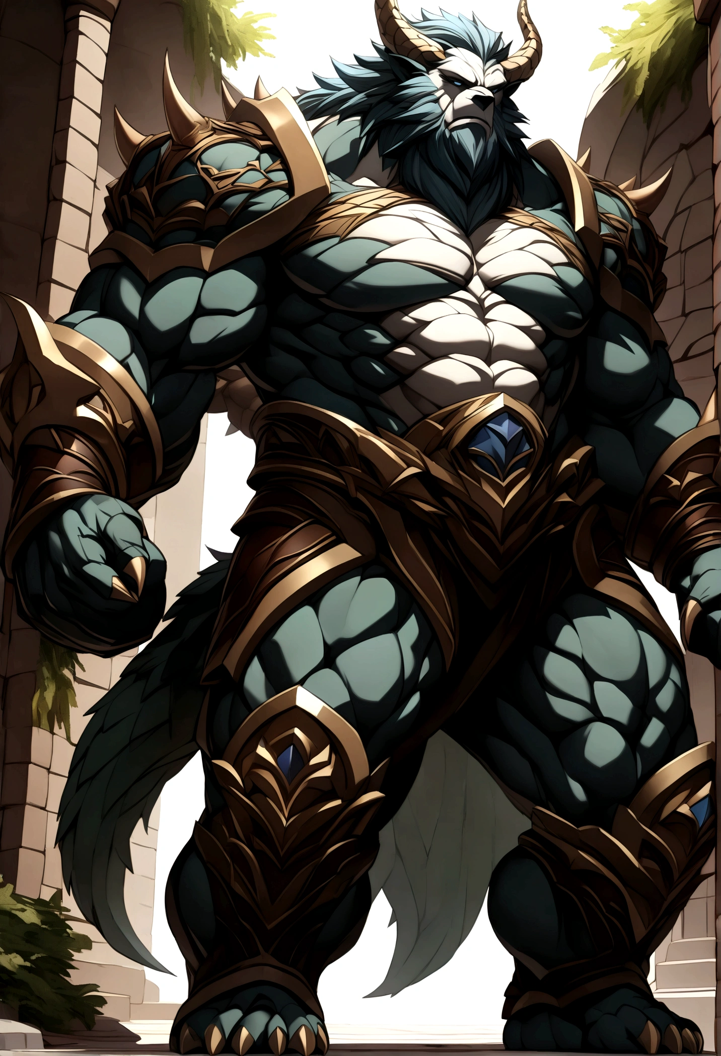A bear beastman,Burly figure,Muscular,Like a natural born strongman。His skin is a healthy black.,Muscle and fat intertwined,Forming a unique muscle-encapsulating lipid texture,Full and powerful。
His arms are as strong as iron pillars.,Well-defined muscle lines,It seems to contain infinite power。Broad palms,Sharp claws,Showing his wildness and might。
His chest is broad,Muscle bulge,As if it could withstand any impact。The abs are well lined,The waist is full of strength,Like an indestructible mountain。
His legs are strong and muscular.,As if able to overcome any obstacle。Calf muscle lines are smooth,Full of power,Appears strong and agile。
Muscle and fat contrast each other,Forming a unique aesthetic。The dragon tail on the back is strong and powerful,The scales on the tip of the tail gleam with cold light,Showing his majesty and mystery。
The whole picture is dominated by cold colors.,Emphasize the strength and majesty of the white dragon orcs。In the treatment of light and shadow,Let the soft sunshine fall on him,Make his muscles more three-dimensional and vivid。at the same time,Pay attention to his facial expressions and eyes,Showing his perseverance and courage,Like an invincible strongman。