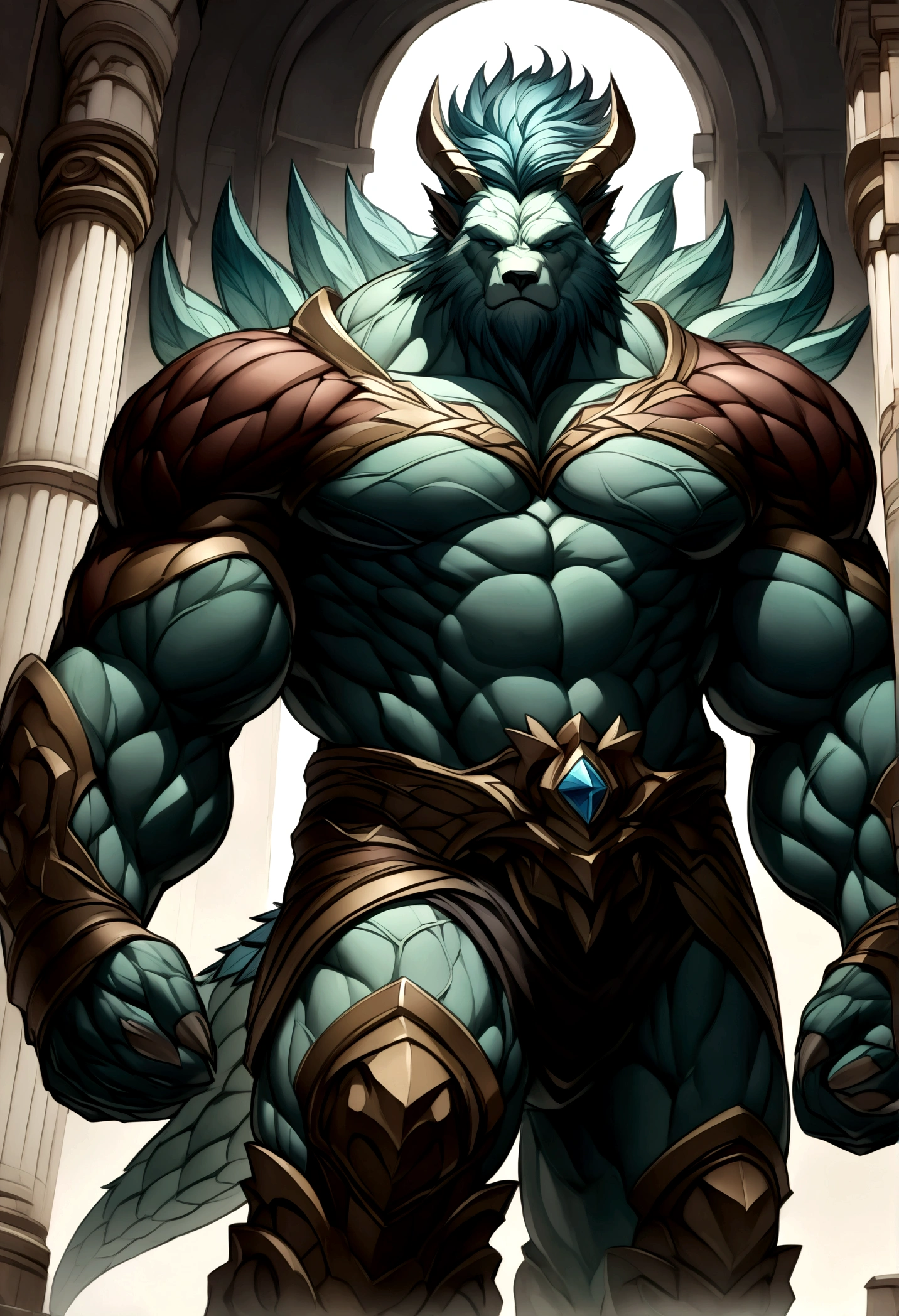 

A bear beastman，Burly figure，Muscular，Like a natural born strongman。His skin is a healthy black.，Muscle and fat intertwined，Forming a unique muscle-encapsulating lipid texture，Full and powerful。

His arms are as strong as iron pillars.，Well-defined muscle lines，It seems to contain infinite power。Broad palms，Sharp claws，Showing his wildness and might。

His chest is broad，Muscle bulge，As if it could withstand any impact。The abs are well lined，The waist is full of strength，Like an indestructible mountain。

His legs are strong and muscular.，As if able to overcome any obstacle。Calf muscle lines are smooth，Full of power，Appears strong and agile。
Muscle and fat contrast each other，Forming a unique aesthetic。The dragon tail on the back is strong and powerful，The scales on the tip of the tail gleam with cold light，Showing his majesty and mystery。

The whole picture is dominated by cold colors.，Emphasize the strength and majesty of the white dragon orcs。In the treatment of light and shadow，Let the soft sunshine fall on him，Make his muscles more three-dimensional and vivid。at the same time，Pay attention to his facial expressions and eyes，Showing his perseverance and courage，Like an invincible strongman。