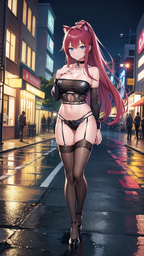 Masterpiece, top quality, best quality, official art, beautiful and aesthetic, anime, 1girl,extremely detailed, colorful, more detailed ((ultra-detailed)), (highly detailed CG illustration),Best Quality, High resolution, Unity 8k Wallpaper, (Illustration:0.8), (Beautiful detailed eyes:1.6), extra detailed face, Perfect Lighting, extremely details CG, (Perfect hands, Perfect Anatomy),city,street,night,wet road,reflections,lights,red long hair, cat ears,ponytail,blue eyes, barrette,black choker,earrings,skinny fit,medium breast,police, police uniform, fishnet stockings, full body shot, in middle of street.