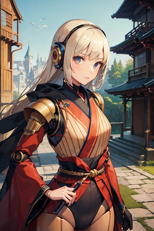 ((Wooden Humanoid Robot)),kimono,Wood grain body,Made to resemble a girl,knife,Combat Ready,The background is a castle town,Jet engine on your hip