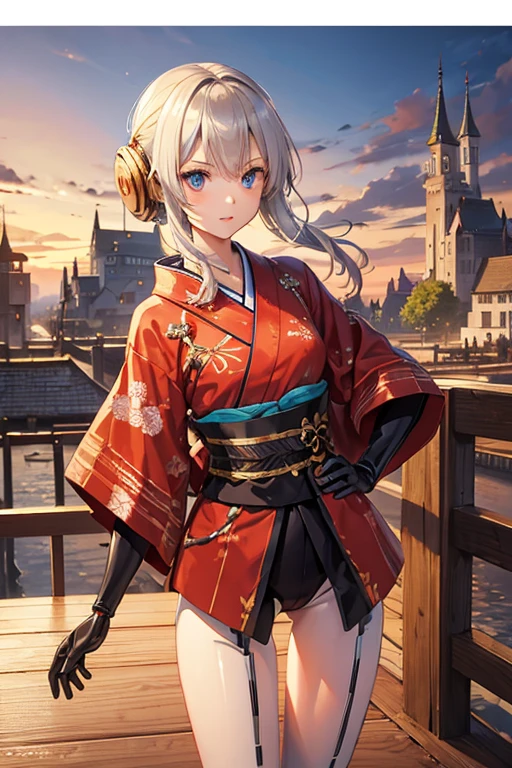 ((Wooden Humanoid Robot)),kimono,Wood grain body,Made to resemble a girl,knife,Combat Ready,The background is a castle town,Jet engine on your hip