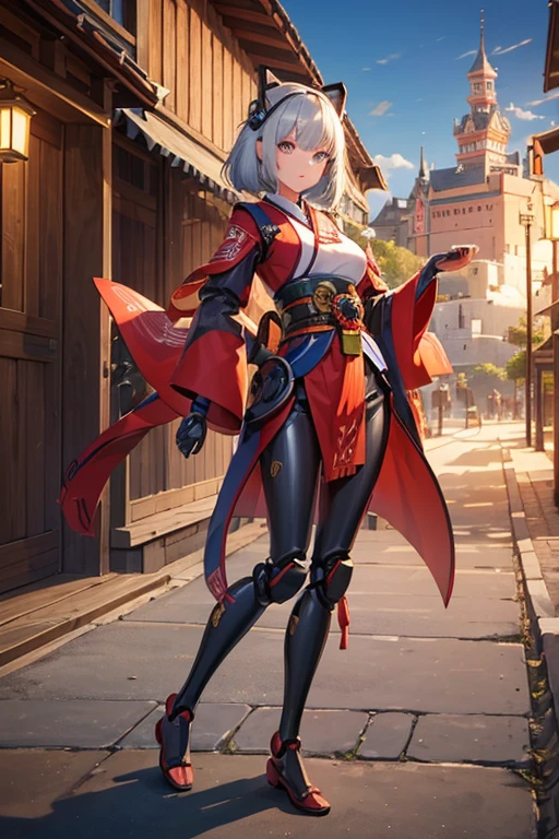 ((Wooden Humanoid Robot)),kimono,Wood grain body,Made to resemble a girl,knife,Combat Ready,The background is a castle town,Jet engine on your hip