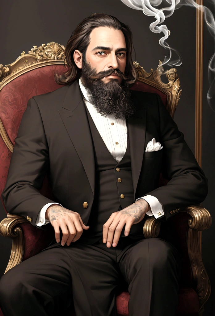 (Masterpiece, Best Quality:1.2), wise philosopher, millionaire with beard, old style suit, Brown eyes, looking towards the camera sitting in his chair, Smoke rises to the bottom, Black and white with a touch of gold., realism. (Best Quality, high resolution, ultra detailed), (realist:1.37), professional, vivid colors.