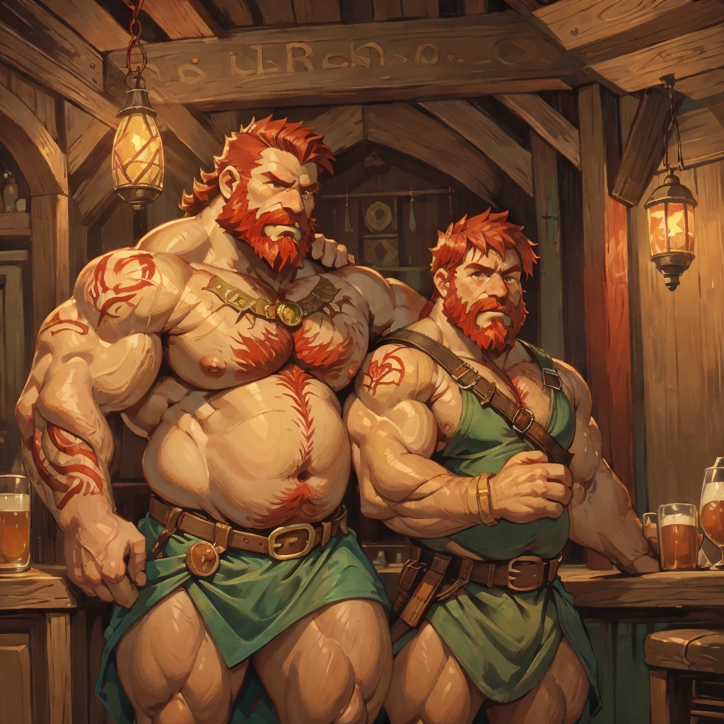 man, Viking, An old face, short stature, Age 60 years, strong, thick, big breasts, big belly, Red hair, big red beard, thick body hair, густые Red hair на груди, густые Red hair на животе, густые Red hair на лобке, густые Red hair на яйцах, thick hair on arms, thick hair on legs, tattoos on body, Tattoos on the torso, drunk face, naked torso, in a short skirt made of skin made of green fabric, the skirt is held up by a leather belt with a gold buckle, the skirt is tight around the dick, in the pub, night, warm lamp light, holding a wooden mug in his hand, Very drunk, looks straight