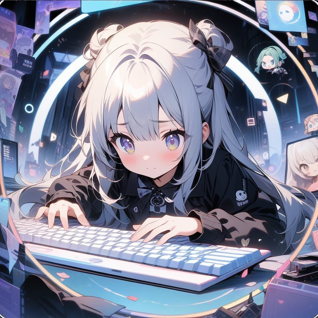 (circle frame1.7),1girl,solo, masterpiece art, on the computer, keyboard, pc,typing on the keyboard, cute girl,icon, circle frame,