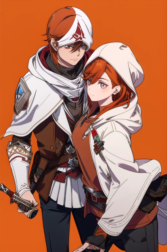 A girl, wearing a Young man in Assassins Creed style outfit, brown clothes, red hair, hoodie. holding a dagger, Assasins creed black pants, a plain orange background,hair orange,eyes purple,alone