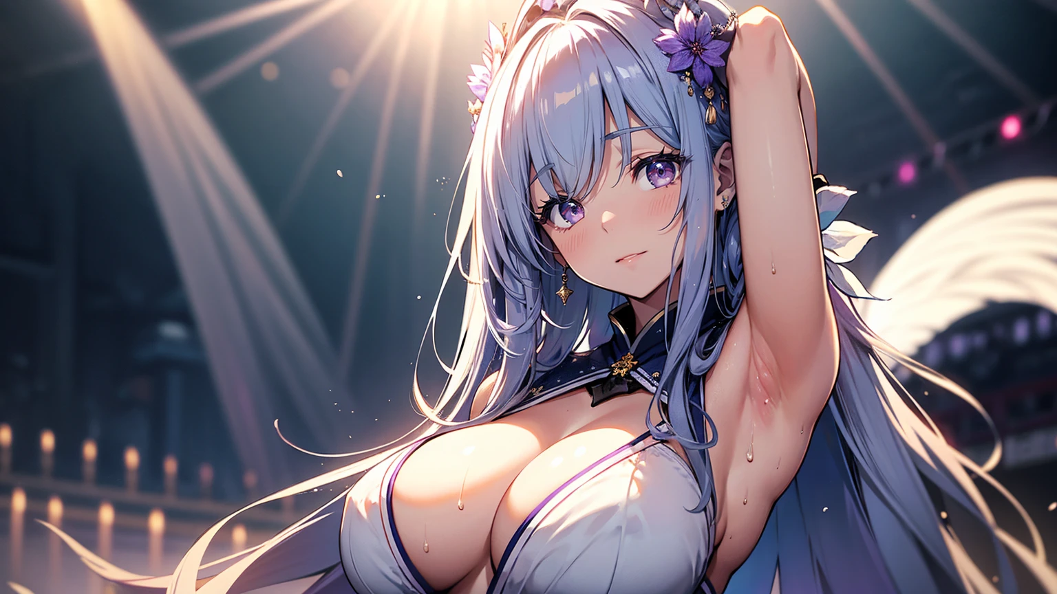 A 20-year-old Japanese idol with a delicate and beautiful face, large eyes, and translucent skin is singing on stage in an idol's costume and with an enchanting expression on her face. A gentle, warm light surrounds her. The background is filled with soft out-of-focus light, and the pale blue and purple tones create a dreamy, serene, and enchanting atmosphere. Sweat glistens and surrounds her, enhancing the fantastic and ethereal atmosphere. Emphasis on the armpits