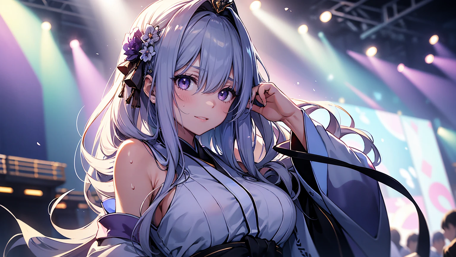 A 20-year-old Japanese idol with a delicate and beautiful face, large eyes, and translucent skin is singing on stage in an idol's costume and with an enchanting expression on her face. A gentle, warm light surrounds her. The background is filled with soft out-of-focus light, and the pale blue and purple tones create a dreamy, serene, and enchanting atmosphere. Sweat glistens and surrounds her, enhancing the fantastic and ethereal atmosphere. Emphasis on the armpits