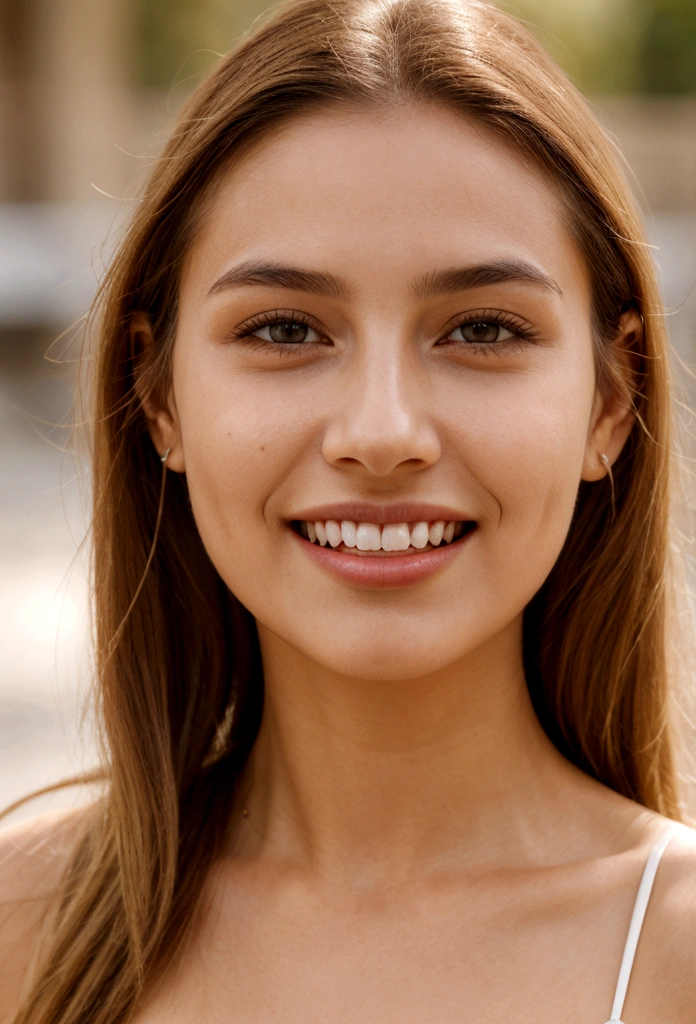 A photorealistic portrait of a young and beautiful 19-year-old woman with light blonde hair, long hair, and brown eyes, American. Epic realism, raw photo, (highly detailed skin:1.2), 8k, DSLR, soft lighting, high quality, film grain, Fujifilm XT3, ultra high resolution, photorealistic:1.4, uhd. The background is blurred to emphasize her face. Her facial features are meticulously detailed: her smooth and clear, slightly tanned skin, well-defined cheekbones, a perfectly shaped nose, a high and smooth forehead, long and thick eyelashes, well-groomed eyebrows, and soft, slightly parted lips. The lighting highlights the natural contours of her face, giving a lifelike and vibrant appearance. She exudes a captivating beauty, with a seductive and alluring expression, sticking her tongue out playfully and giving a fierce, tigress-like look. This dynamic pose makes her appear as a stunning and confident 19-year-old OnlyFans model, radiating sexiness and charisma. She looks very young and shows a full set of beautifully crafted, perfectly aligned teeth, not just the front two, emphasizing her radiant smile and enhancing her overall attractiveness. The teeth are meticulously detailed, with a natural, pearly white shine, showcasing their perfect alignment and pristine condition, similar to professional dental advertisements.