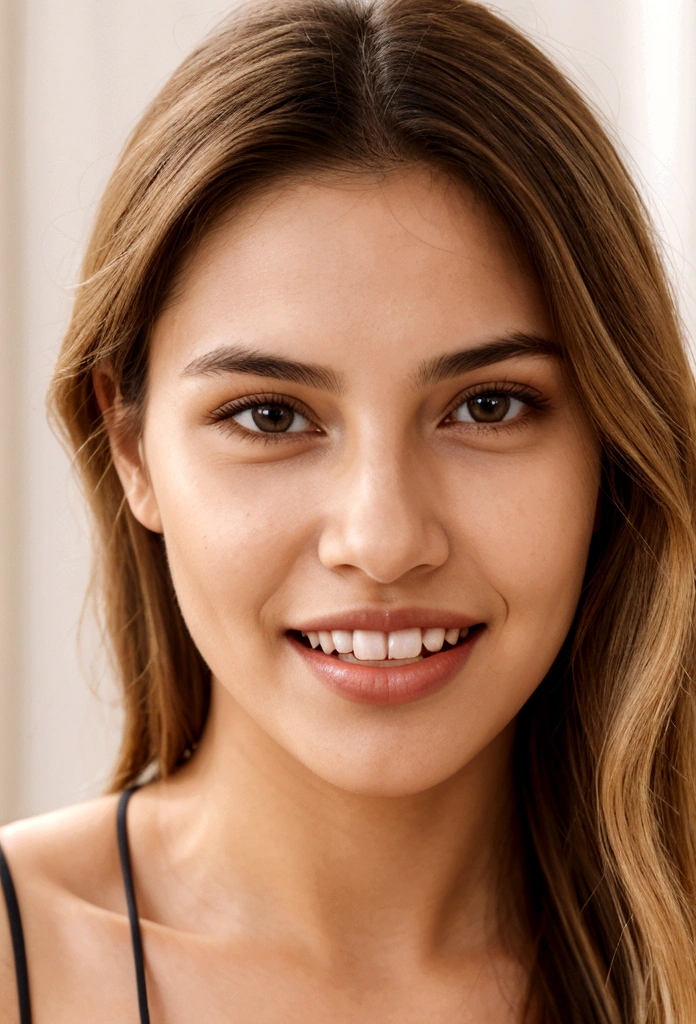 A photorealistic portrait of a young and beautiful 19-year-old woman with light blonde hair, long hair, and brown eyes, American. Epic realism, raw photo, (highly detailed skin:1.2), 8k, DSLR, soft lighting, high quality, film grain, Fujifilm XT3, ultra high resolution, photorealistic:1.4, uhd. The background is blurred to emphasize her face. Her facial features are meticulously detailed: her smooth and clear, slightly tanned skin, well-defined cheekbones, a perfectly shaped nose, a high and smooth forehead, long and thick eyelashes, well-groomed eyebrows, and soft, slightly parted lips. The lighting highlights the natural contours of her face, giving a lifelike and vibrant appearance. She exudes a captivating beauty, with a seductive and alluring expression, sticking her tongue out playfully and giving a fierce, tigress-like look. This dynamic pose makes her appear as a stunning and confident 19-year-old OnlyFans model, radiating sexiness and charisma. She looks very young and shows a full set of beautifully crafted, perfectly aligned teeth, not just the front two, emphasizing her radiant smile and enhancing her overall attractiveness. The teeth are meticulously detailed, with a natural, pearly white shine, showcasing their perfect alignment and pristine condition, similar to professional dental advertisements.