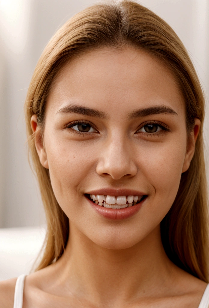 A photorealistic portrait of a young and beautiful 19-year-old woman with light blonde hair, long hair, and brown eyes, American. Epic realism, raw photo, (highly detailed skin:1.2), 8k, DSLR, soft lighting, high quality, film grain, Fujifilm XT3, ultra high resolution, photorealistic:1.4, uhd. The background is blurred to emphasize her face. Her facial features are meticulously detailed: her smooth and clear, slightly tanned skin, well-defined cheekbones, a perfectly shaped nose, a high and smooth forehead, long and thick eyelashes, well-groomed eyebrows, and soft, slightly parted lips. The lighting highlights the natural contours of her face, giving a lifelike and vibrant appearance. She exudes a captivating beauty, with a seductive and alluring expression, sticking her tongue out playfully and giving a fierce, tigress-like look. This dynamic pose makes her appear as a stunning and confident 19-year-old OnlyFans model, radiating sexiness and charisma. She looks very young and shows a full set of beautifully crafted, perfectly aligned teeth, not just the front two, emphasizing her radiant smile and enhancing her overall attractiveness. The teeth are meticulously detailed, with a natural, pearly white shine, showcasing their perfect alignment and pristine condition, similar to professional dental advertisements.