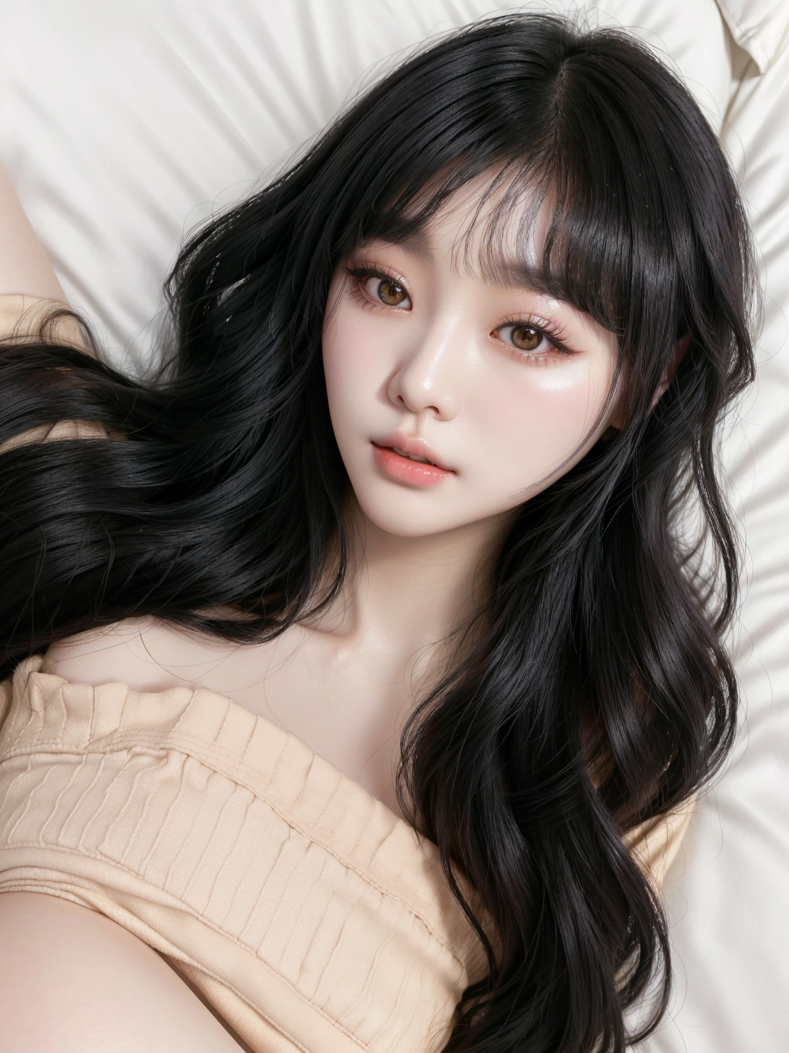 araffe woman laying in bed with long black hair, ulzzang, young adorable korean face, gorgeous young korean woman, beautiful young korean woman, lovely delicate face, young cute wan asian face, popular south korean makeup, neat hair with bangs, wan adorable korean face, popular korean makeup, beautiful south korean woman, 8k selfie photograph, jaeyeon nam