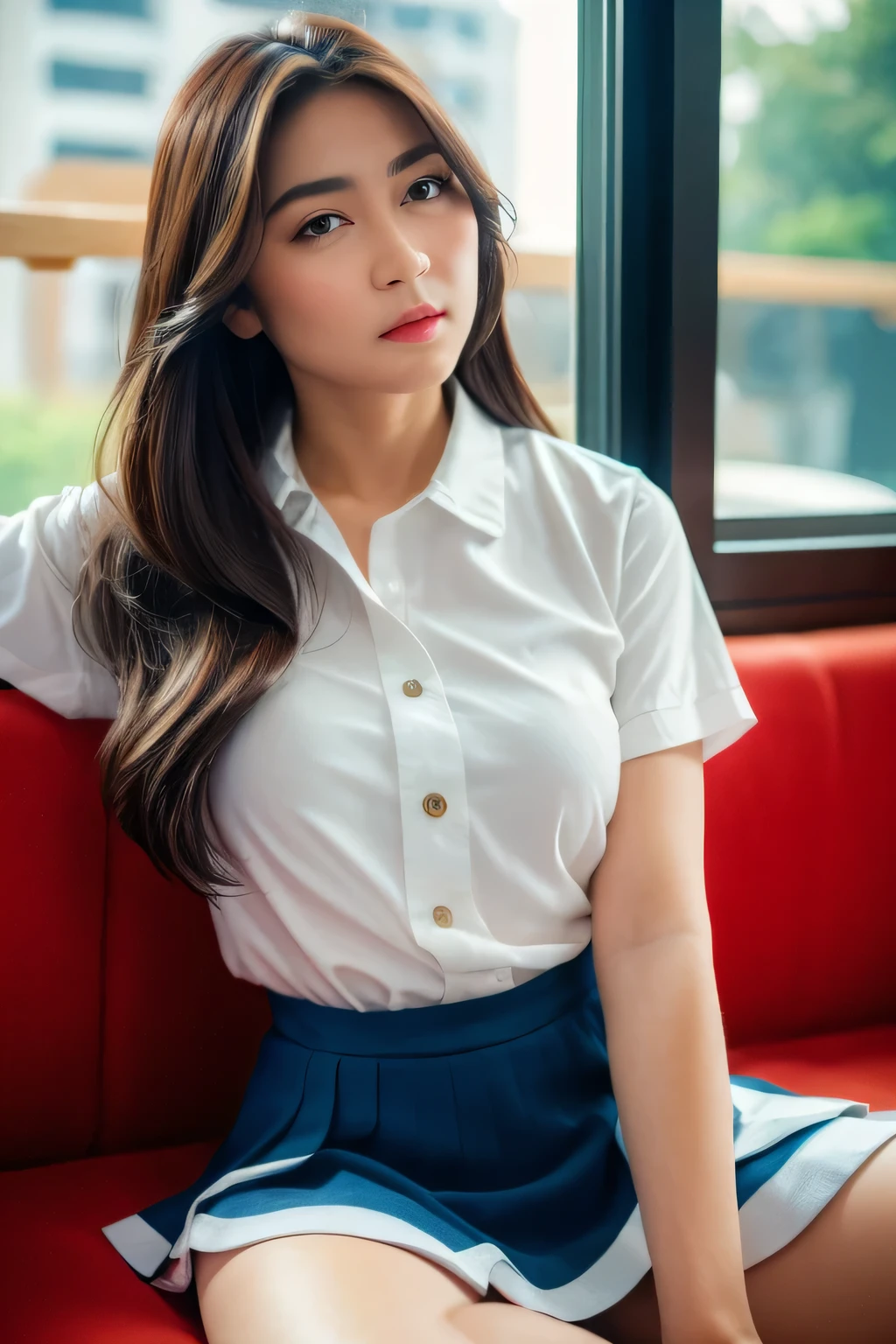 ((8K, Raw photo, Highest Quality, masutepiece), high definition RAW color photos professional close-up photos, Ultra High Resolution, Highly detailed CG unified 8K dendenden wallpaper, physically-based renderingt, Cinematic lighting), Curly hair, (Wrong suit, Navy skirt, Loose neck ribon:1.2), (Open Button:1.6), (crass room:1.4), (Full body, low angles:1.4), Look at me, Sexy, Elegant, Luxurious, Stylish, Modern, Glamorous, high, School Girl, School uniform, Open Button, Sit Desk, Lori, doyagao, Large breasts,独奏、thighs thighs thighs thighs、Beautiful feet、cleavage of the breast
