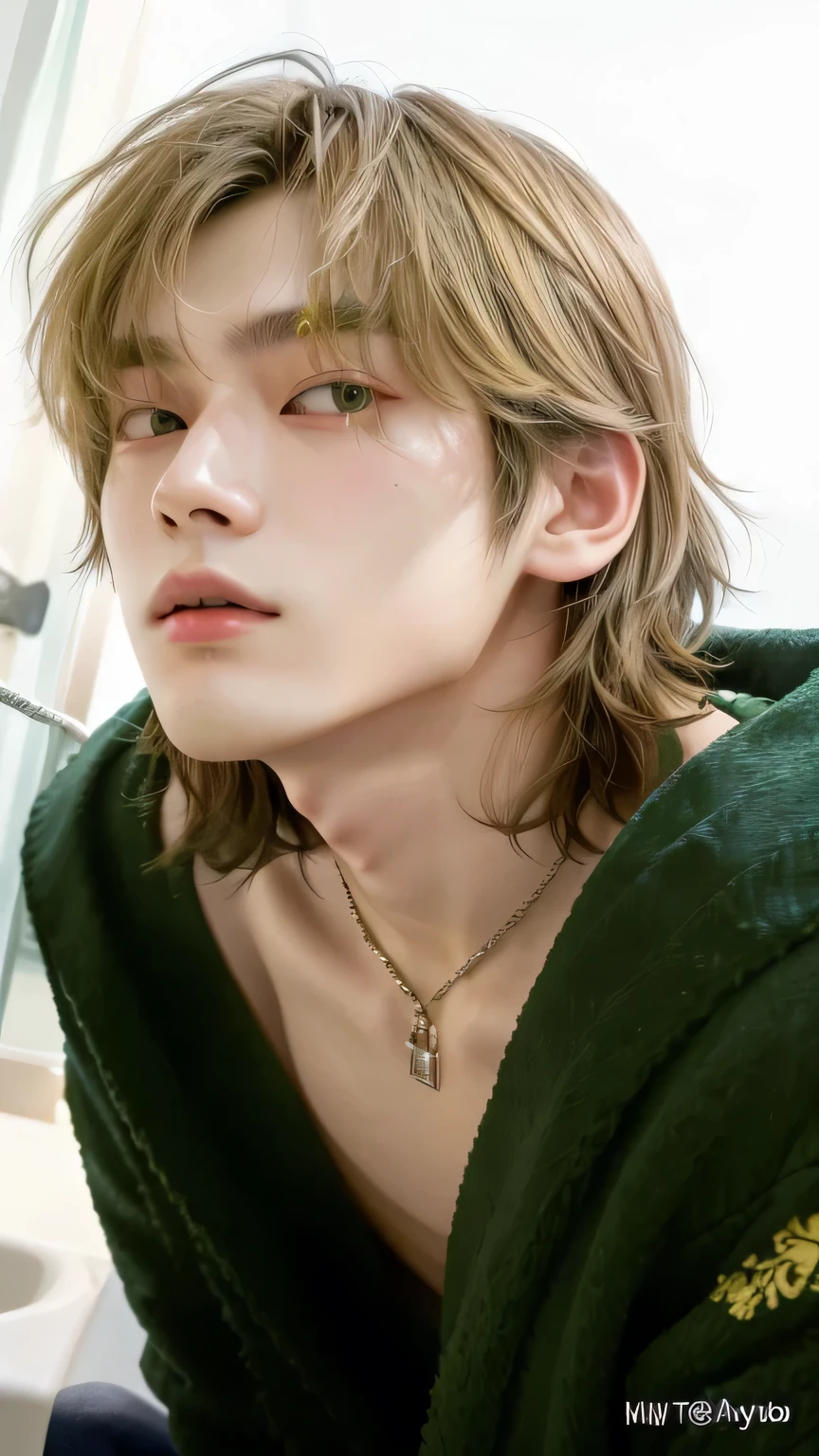 a close-up of a person with a green towel, cai xukun, jung jaehyun, Sakimichan, adorable and pale korean face, Ulzzang spacious, Taehyung eating Gucci fries, hyung tae, steven jung, Hong Jun Hyung, jin kagetsu, toru furuya, cute androgynous prince, with short hair, yuuki hagure