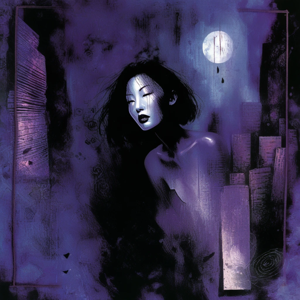 astrstica girl's face in the background of a dark city in the morning, sad, dark, dark vibe