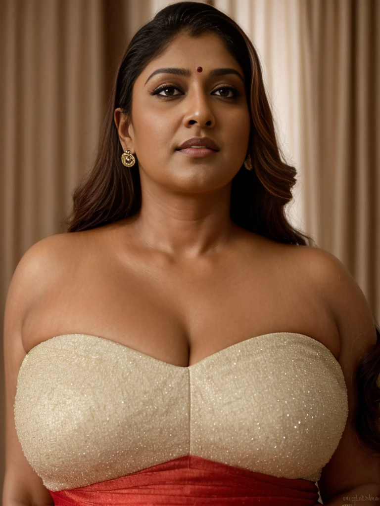 Looks like Indian Actress Nayanthara, actress Nayanthara, mallu, mallu, desi aunty, full figured mature beauty, attractive figure, 48 years old, desi milf, desi aunty, a close up of a woman in a red dress in a bedroom, inspired by Avigdor Arikha, sleek!!!, indian super model, wavy hair combed to one side, actress, by Jitish Kallat, smoldering, intense smoldering, fashion, an angel, print ready, with a dramatic looking, inspired by Sudip Roy, seductive look, perfect hot figure