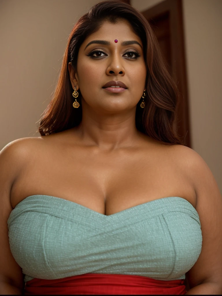 Looks like Indian Actress Nayanthara, actress Nayanthara, mallu, mallu, desi aunty, full figured mature beauty, attractive figure, 48 years old, desi milf, desi aunty, a close up of a woman in a red dress in a bedroom, inspired by Avigdor Arikha, sleek!!!, indian super model, wavy hair combed to one side, actress, by Jitish Kallat, smoldering, intense smoldering, fashion, an angel, print ready, with a dramatic looking, inspired by Sudip Roy, seductive look, perfect hot figure