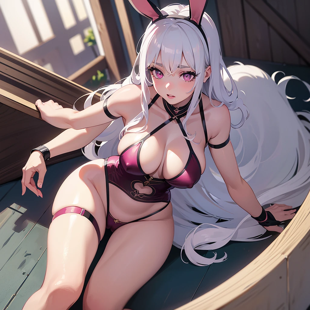 beautiful detailed eyes, beautiful detailed lips, extremely detailed eyes and face, long eyelashes, 1girl, hybrid woman and rabbit, white hair, pink eyes, wearing pink swimsuit, with niece, oriental scene, best quality, 4k, 8k, highres, masterpiece:1.2, ultra-detailed, realistic, photorealistic, photo-realistic:1.37, hdr, uhd, studio lighting, ultra-fine painting, sharp focus, physically-based rendering, extreme detail description, professional, vivid colors, bokeh, portraits, fantasy