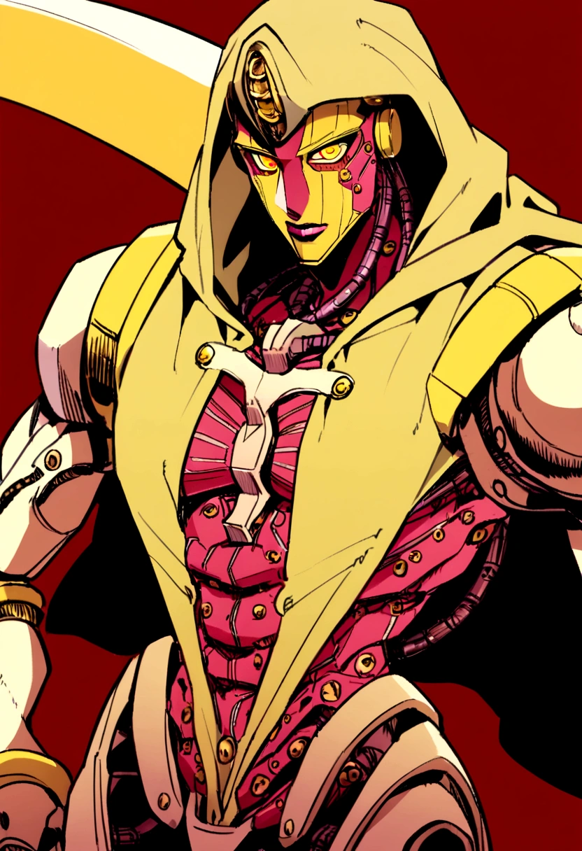 Stand jojo's bizarre adventure, robotic face, color red, wine lines all over the body, completely yellow eyes, hooded cloak, mechanical details on the body, uses a scythe, ghostly, robot, machine, few human traits