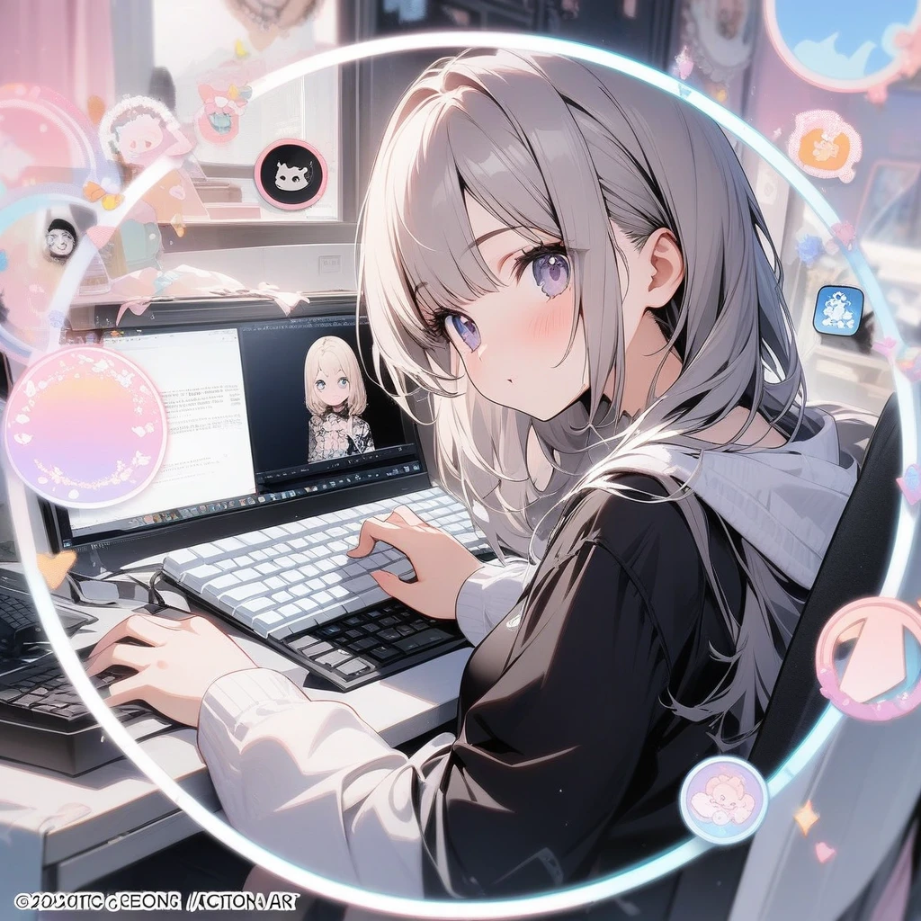 (circle frame1.7),1 woman,solo, masterpiece art, on the computer, keyboard, pc,typing on the keyboard, cute girl,icon, circle frame,

