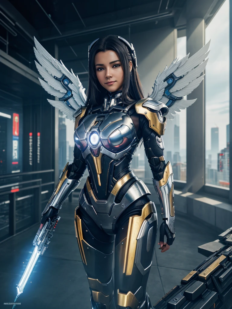 masterpiece,(bestquality),highlydetailed,ultra-detailed,1girl,(mechanicalwings:golden,glowingeyes:blue,goldenrarmor:1.2,elongatedears:0.8),(cyberpunkcity:1.5,weapon:energyblade),(fantasylandscape:1.2,natural lighting:1.5,confidentexpression),(panorama:1.2),mecha, smile,angle,Angels, wings,chrome,raw