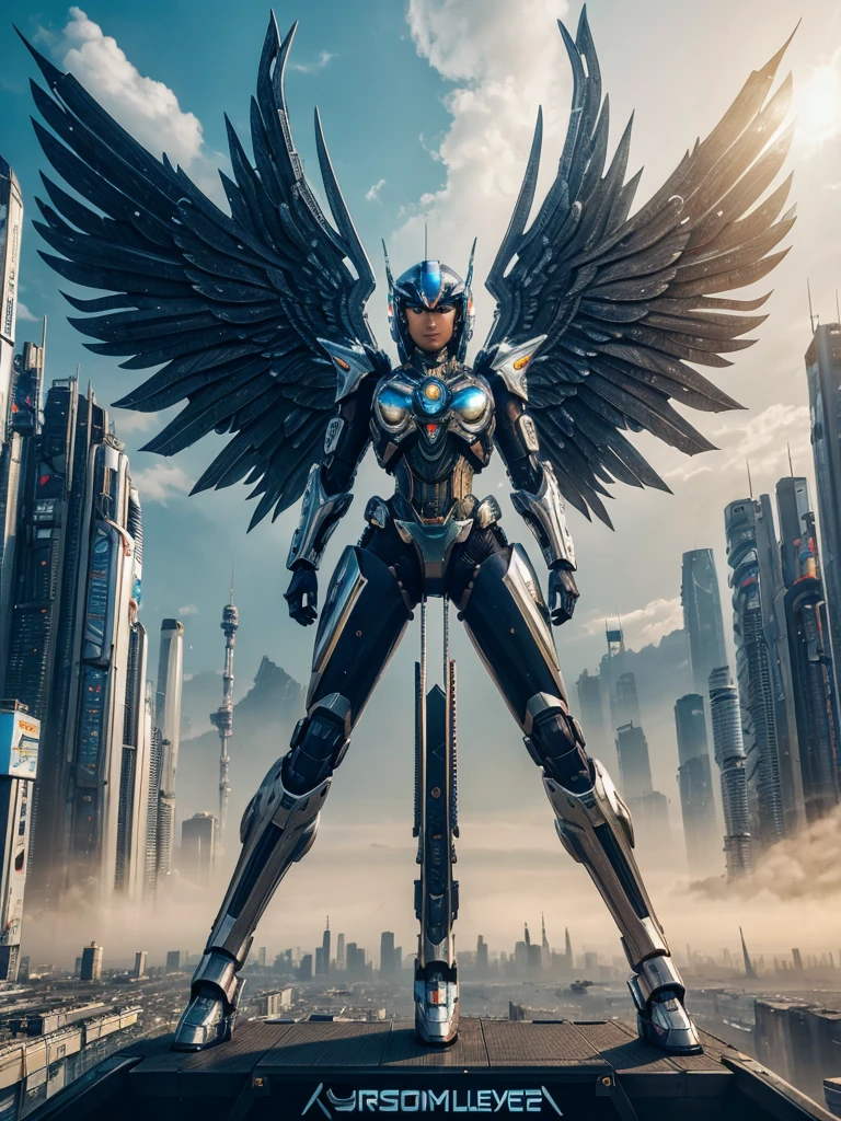 masterpiece,(bestquality),highlydetailed,ultra-detailed,1girl,(mechanicalwings:golden,glowingeyes:blue,goldenrarmor:1.2,elongatedears:0.8),(cyberpunkcity:1.5,weapon:energyblade),(fantasylandscape:1.2,natural lighting:1.5,confidentexpression),(panorama:1.2),mecha, smile,angle,Angels, wings,chrome,raw