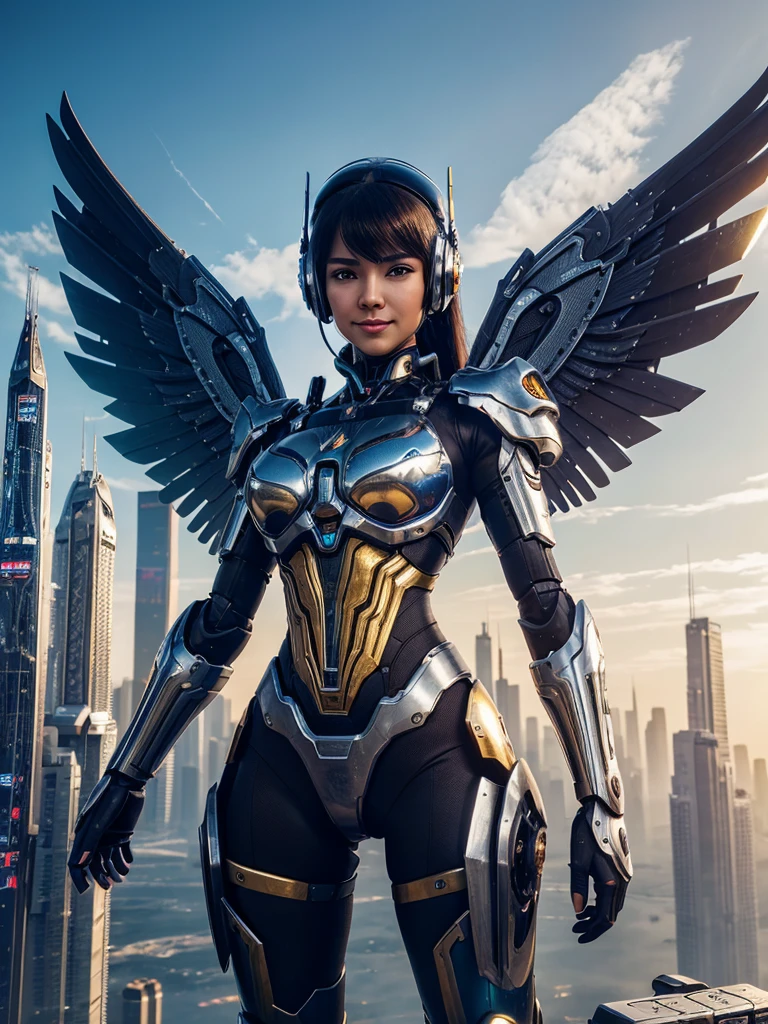 masterpiece,(bestquality),highlydetailed,ultra-detailed,1girl,(mechanicalwings:golden,glowingeyes:blue,goldenrarmor:1.2,elongatedears:0.8),(cyberpunkcity:1.5,weapon:energyblade),(fantasylandscape:1.2,natural lighting:1.5,confidentexpression),(panorama:1.2),mecha, smile,angle,Angels, wings,chrome,raw