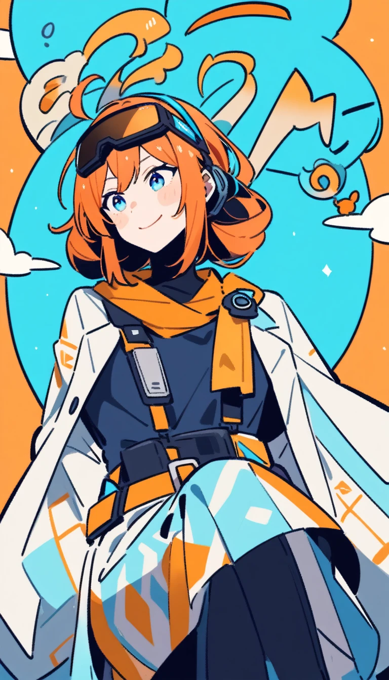 Whole body expression、1 girl、solo、blue eyes、Cyan background、bright、blue sky、cloud、sunny、youth、Blue and white main color、Orange sub-color、ink、soloフォーカス、cool、love、accessories、smile、Beautiful hairstyle、beautiful、beautiful目、Background main glossy、Very comfortable、Tsundere、intj