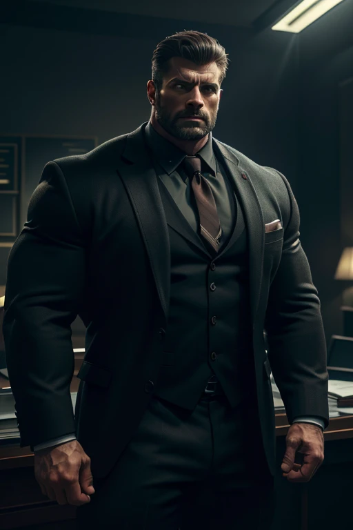 A burly lawyer man, wearing a sharp dark suit, standing confidently in a law office, expression serious and authoritative, (best quality,4k,8k,highres,masterpiece:1.2),ultra-detailed,(realistic,photorealistic,photo-realistic:1.37),highly detailed face and hands, intricate textures, dramatic studio lighting, moody tones, cinematic composition, brutalmass
