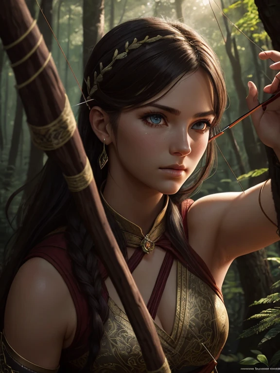 a female archer aiming her arrow at the camera, detailed facial features, beautiful eyes, long eyelashes, detailed bow, medieval fantasy setting, lush forest background, sunlight filtering through the trees, dramatic lighting, cinematic composition, ultra-detailed, 8k, high resolution, photorealistic, intricate detail, masterpiece