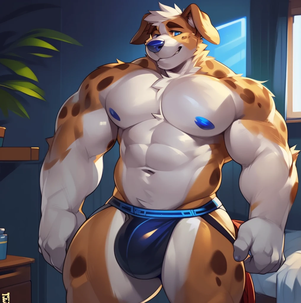 Solo, male (((domestic dog, blue eyes, blue iris, black pupils, muscular, big pecs, abs, folded ears, white body, white fur, brown ears, mostly brown ears, brown spots on legs, white abdomen, white head, thin waist, mostly white fur, black jockstrap, big bulge))) standing, bedroom, flustered expression, full body, perfect anatomy, by darkgem, by mystikfox61, by glitter trap boy