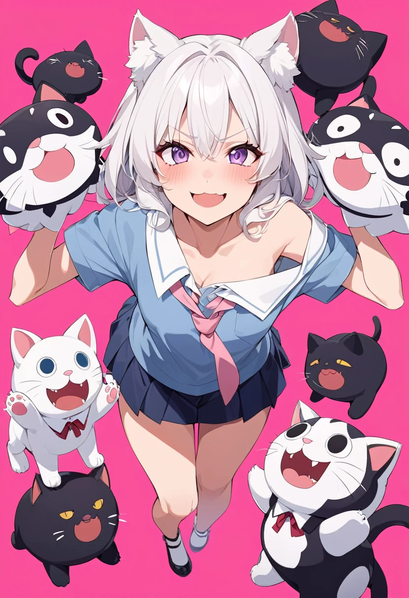 Anime masterpiece, one beautiful catgirl with white hair wearing a school dress with big plush cat paw. The girl have loose shirt with loose long necktie, off-shoulder shirts, and cute mini skirt. 
She have cute face neko details, a roaring smile, and is in a playful playing pose with cat-like roaring with a pow higher than the other one. The scene in anime style, with pink flat background. Nearly Full body composition