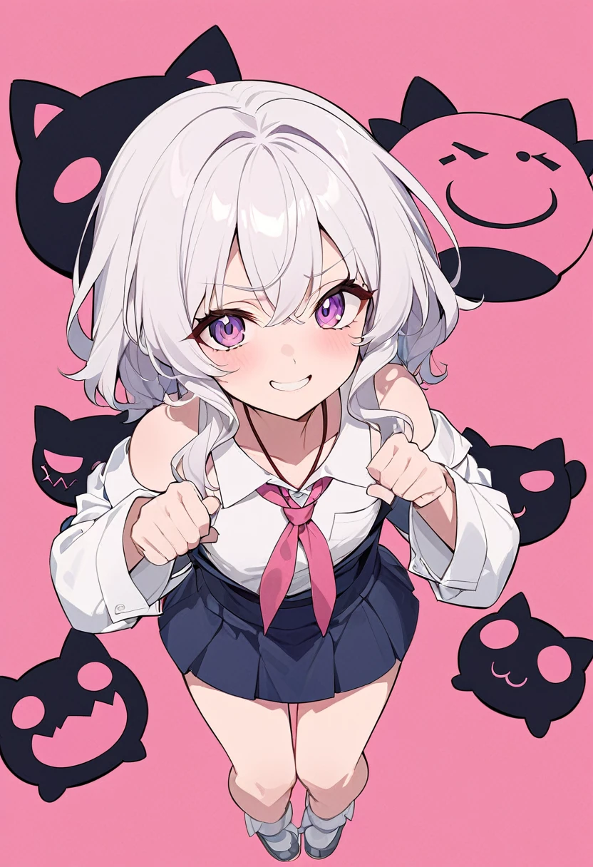 Anime masterpiece, one beautiful catgirl with white hair wearing a school dress with big plush cat paw. The girl have loose shirt with loose long necktie, off-shoulder shirts, and cute mini skirt. 
She have cute face neko details, a roaring smile, and is in a playful playing pose with cat-like roaring with a pow higher than the other one. The scene in anime style, with pink flat background. Nearly Full body composition