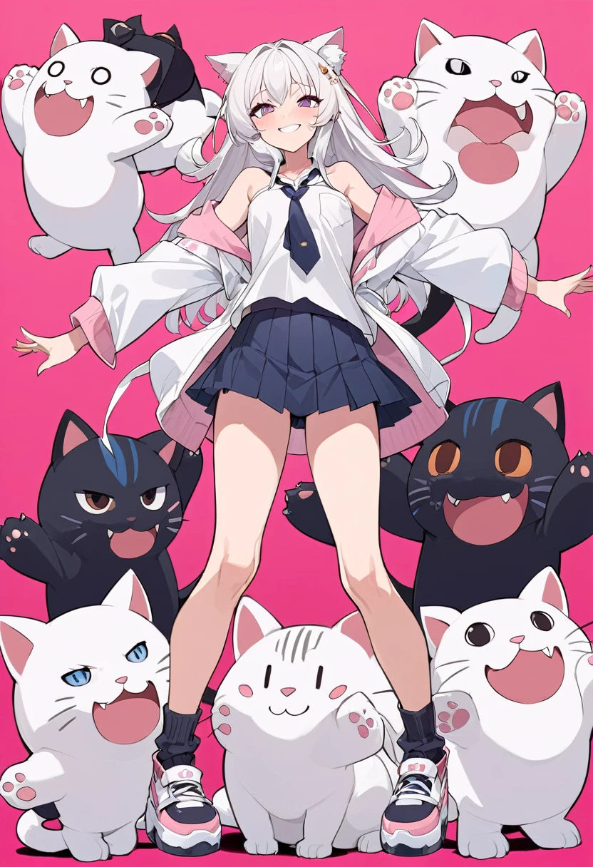 Anime masterpiece, one beautiful catgirl with white hair wearing a school dress with big plush cat paw. The girl have loose shirt with loose long necktie, off-shoulder shirts, and cute mini skirt. 
She have cute face neko details, a roaring smile, and is in a playful playing pose with cat-like roaring with a pow higher than the other one. The scene in anime style, with pink flat background. Nearly Full body composition