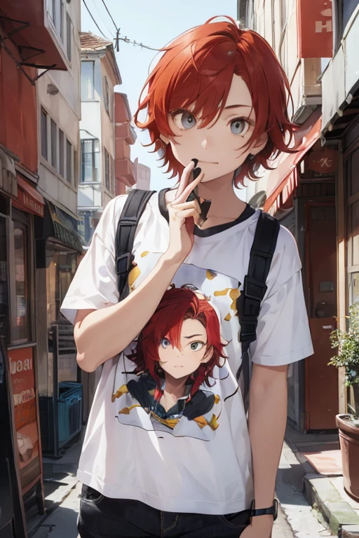 ((best qualityer)) effeminate young teenage boy, short and voluminous red hair, amber unpredictable eyes, wear loose urban clothing 