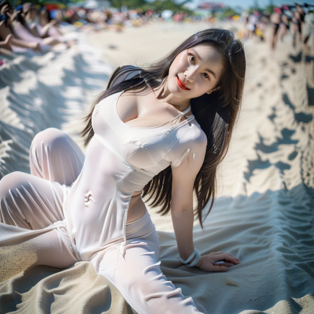 big breasts, round breasts, wearing bra inside ao dai, slim figure, beautiful figure, big breasts, ponytail, sharp 8k quality photo, ((beautiful, sharp, balanced face details) for )), ((beautiful breasts, exposed cleavage, plump body), ((beautiful sparkling eyes, sharp eye details, beautiful face)), at the beach there are many bikinis, white sand beach, sea water blue, many people at the beach((super beautiful body with high details, tight body, big bust, slim waist)), ((thin cleavage, round breasts)), (((wearing a white bra, no pants )))
