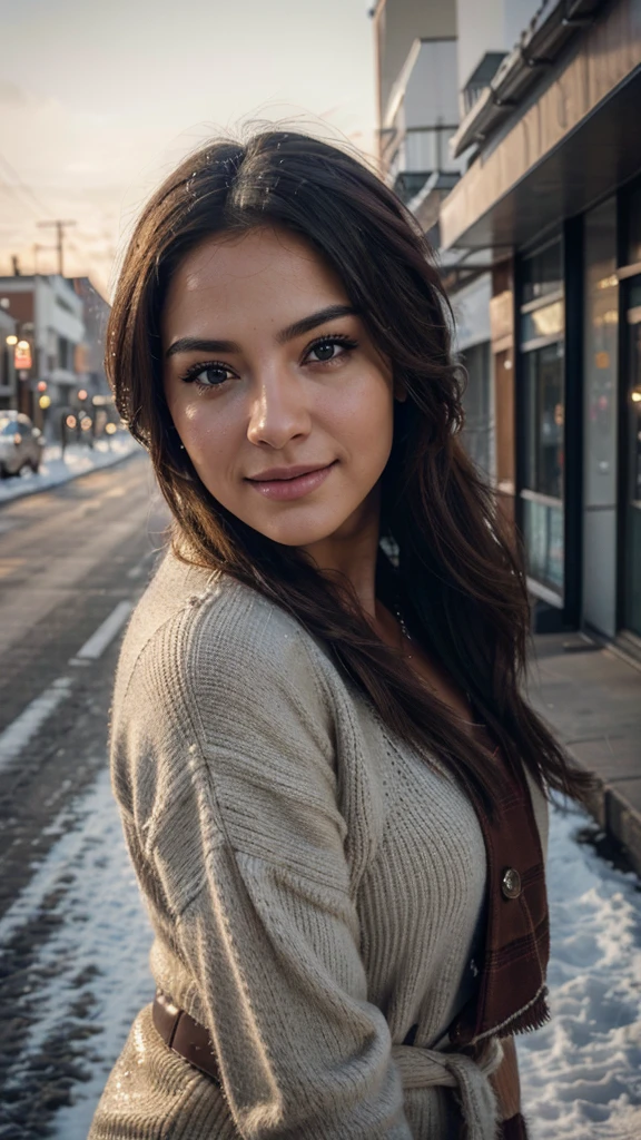 1 beautiful woman, detailed beautiful face, smiling, wearing winter clothes, looking at camera, in Rio Gallegos city in winter daytime, selfie, instagram, woman beautiful, photo for instagram,beautiful and detailed face, full body, she is doing very sexy poses, (best quality,4k,8k,highres,masterpiece:1.2),ultra-detailed,(realistic,photorealistic,photo-realistic:1.37),highly detailed portrait, cinematic lighting, dramatic colors, warm tones, atmospheric