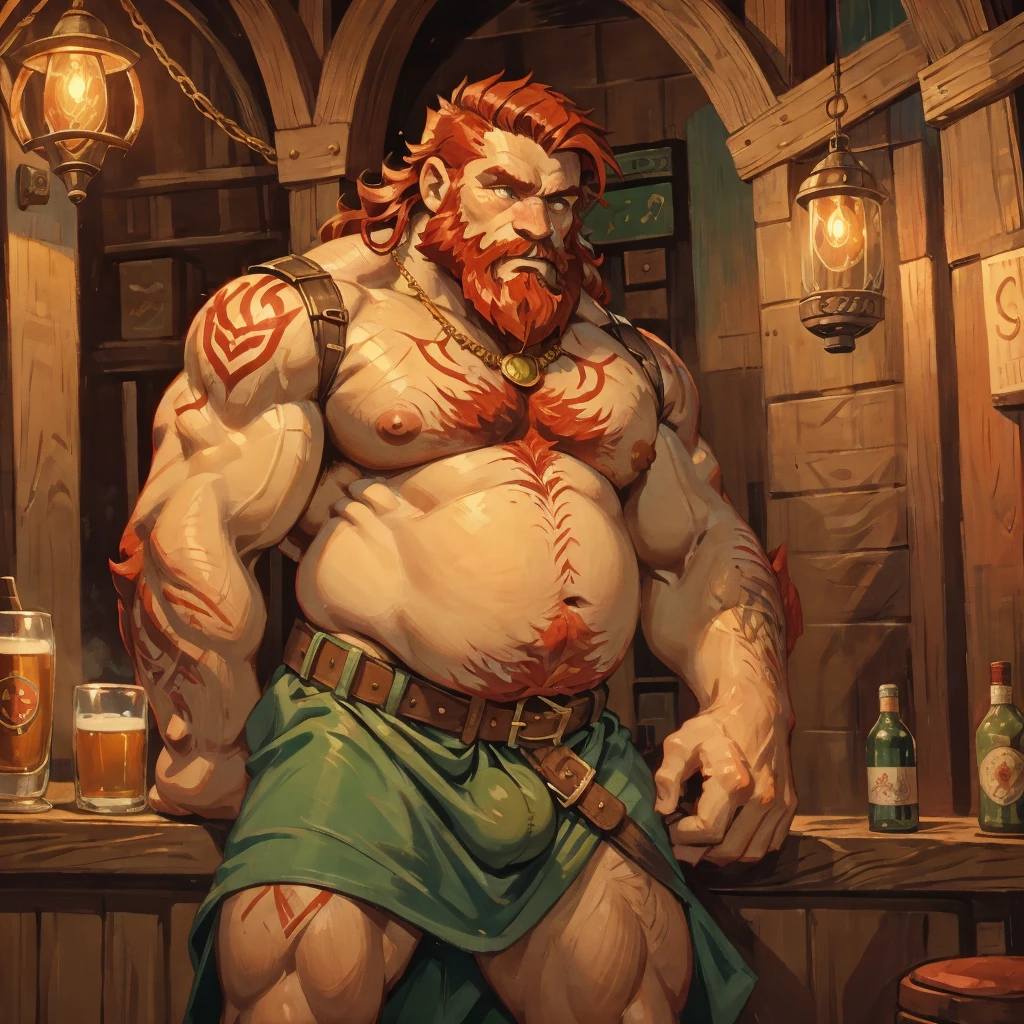 man, Viking, An old face, short stature, Age 60 years, strong, thick, big breasts, big belly, Red hair, big red beard, thick body hair, густые Red hair на груди, густые Red hair на животе, густые Red hair на лобке, густые Red hair на яйцах, thick hair on arms, thick hair on legs, tattoos on body, Tattoos on the torso, drunk face, naked torso, in a short skirt made of skin made of green fabric, the skirt is held up by a leather belt with a gold buckle, the skirt is tight around the dick, in the pub, night, warm lamp light, holding a wooden mug in his hand, Very drunk, looks straight
