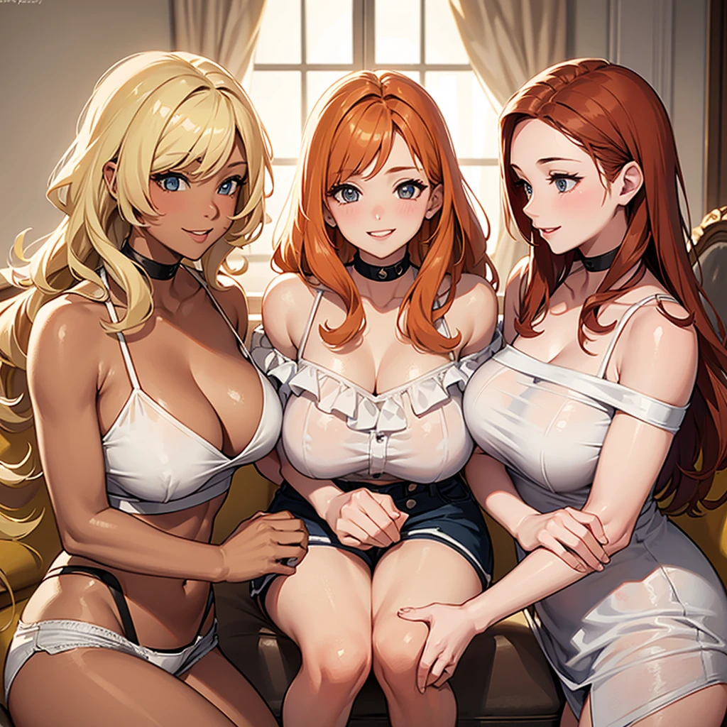 three sexy women looking down at 4 boy with blonde hair and shorts, flirtatious smiles, women have auburn hair