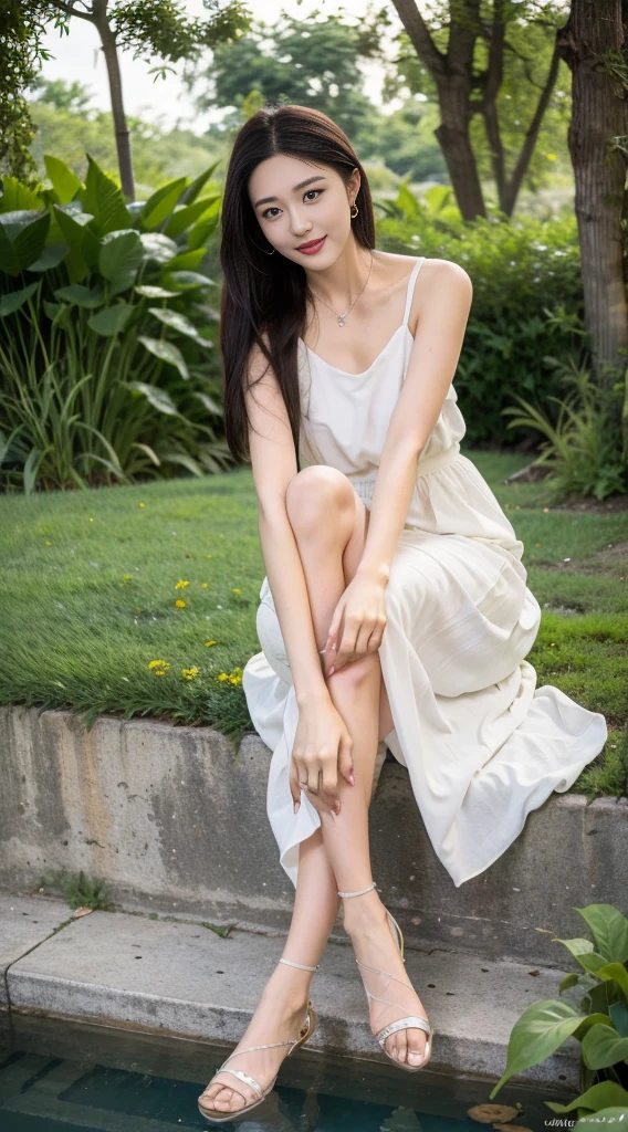 ,Masterpiece, Best quality,8K, Ultra-high resolution,Reallightandshadow,Cinema lenses,(beautidful eyes:1.1), ((The scene is,The upper part of the body)),dynamicposes,On a green meadow,The gentle goddess came with gentle steps。She wore a white dress,A gentle breeze blows,The skirt dances lightly。The sun shone through the leaves in her hair,Reflecting her clear eyes and gentle smile。Colorful butterflies flutter around her,Flowers bloomed at her feet,It was as if nature was cheering for her。