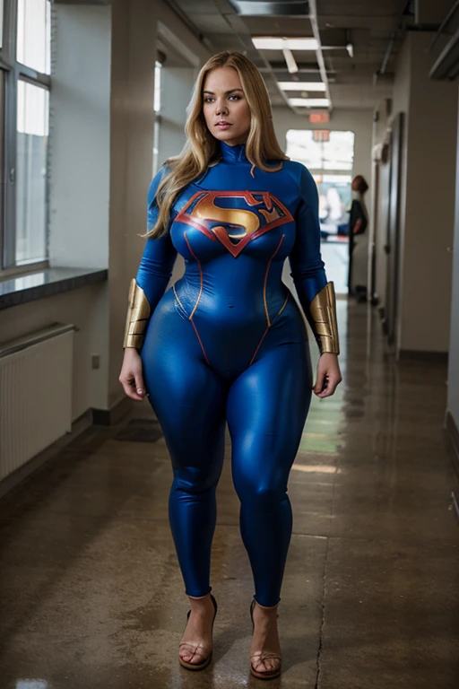 blonde superheroine is standing and paralyzed, superheroine, full body, bbw