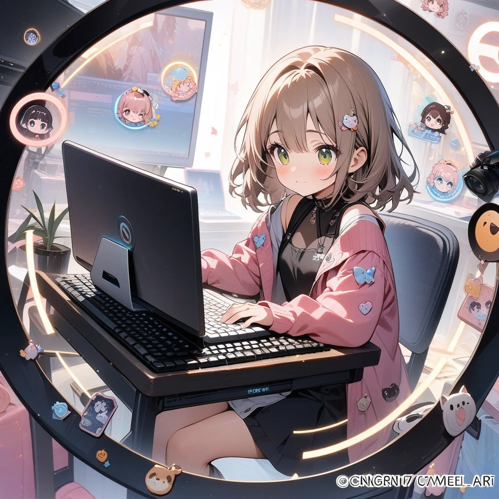 (circle frame1.7),1 woman,solo, masterpiece art, on the computer, keyboard, pc,typing on the keyboard, cute girl,icon, circle frame,
