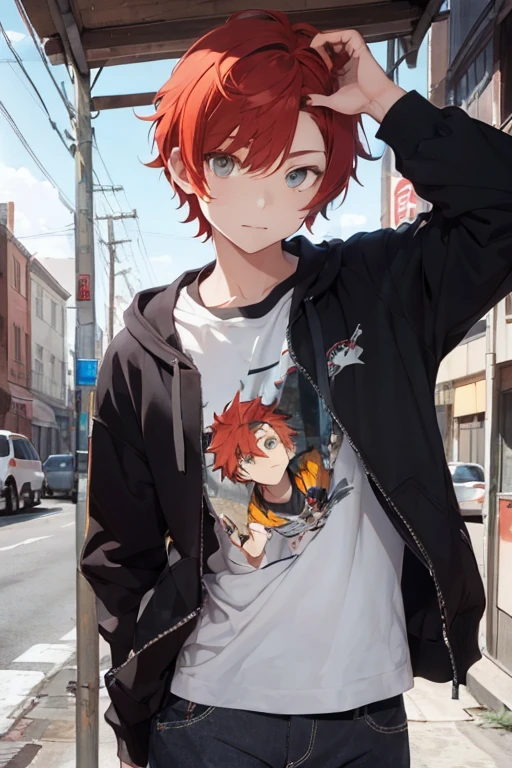 ((best qualityer)) effeminate young teenage boy, short and voluminous red hair, amber unpredictable eyes, wear loose urban clothing 