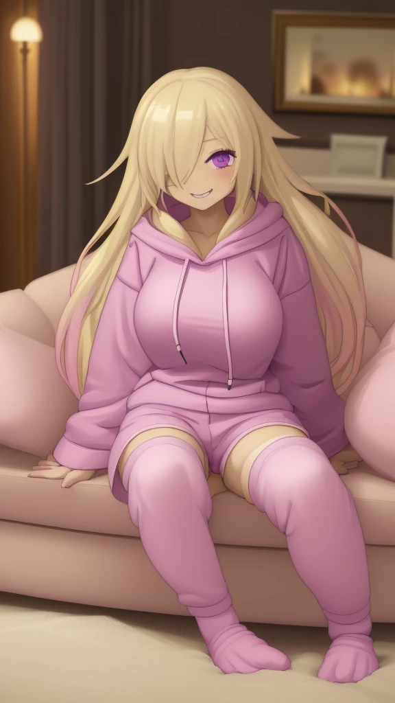 ((Best Quality)), ((Masterpiece)), (detailed), 1 girl, pajamas, pink hooded sweater, White socks, Pastel yellow hair, long hair, hair covers one eye, purple eyes, tight black shorts, big breasts, big thighs, expression smiling shy, background in a living room sitting on a sofa