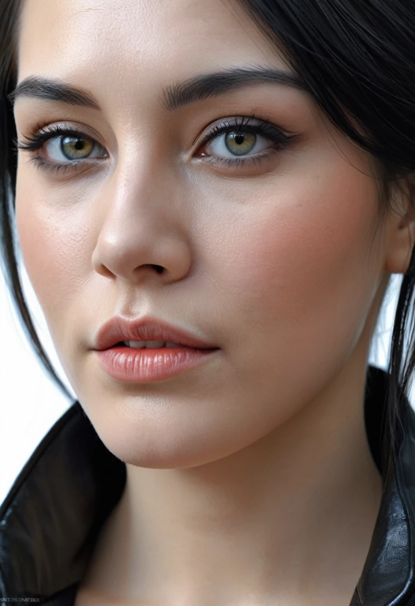 a close up of a woman with a black jacket and a black shirt, ultra realistic digital painting, very realistic digital art, high quality portrait, highly realistic digital art, realistic digital painting, photorealistic digital painting, ultra realistic digital art, ultrarealistic digital art, hyper realistic digital painting, realistic digital art, sharp looking portrait
