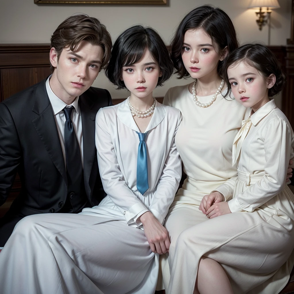 White man, thin, vintage style, in a black suit, white shirt and blue tie, with short black hair, formal, arm crossed with a white woman, vintage style, blue dress, long sleeves, pearl necklace, makeup, well-groomed light brown hair. In front of them two white children in vintage style.